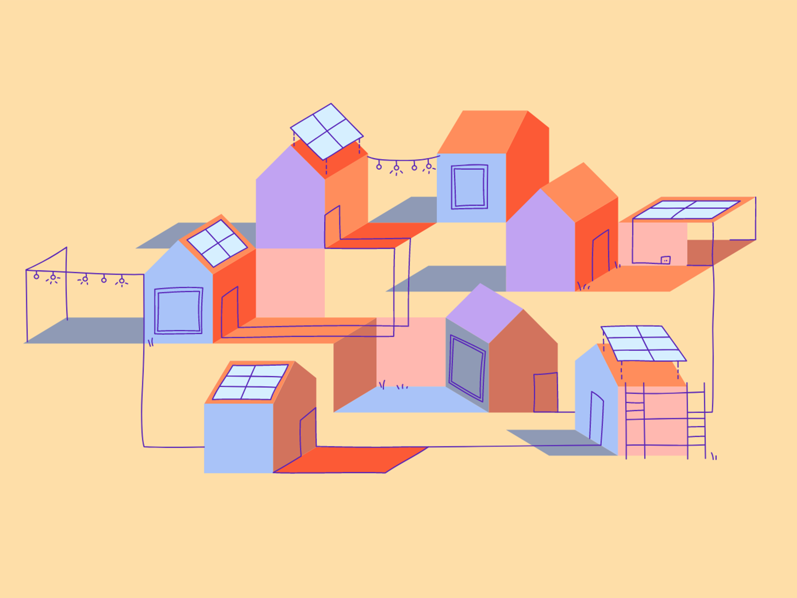 Illustration von miteinander vernetzten Häusern. Einige davon sind mit Solaranlagen auf dem Dach ausgestattet.