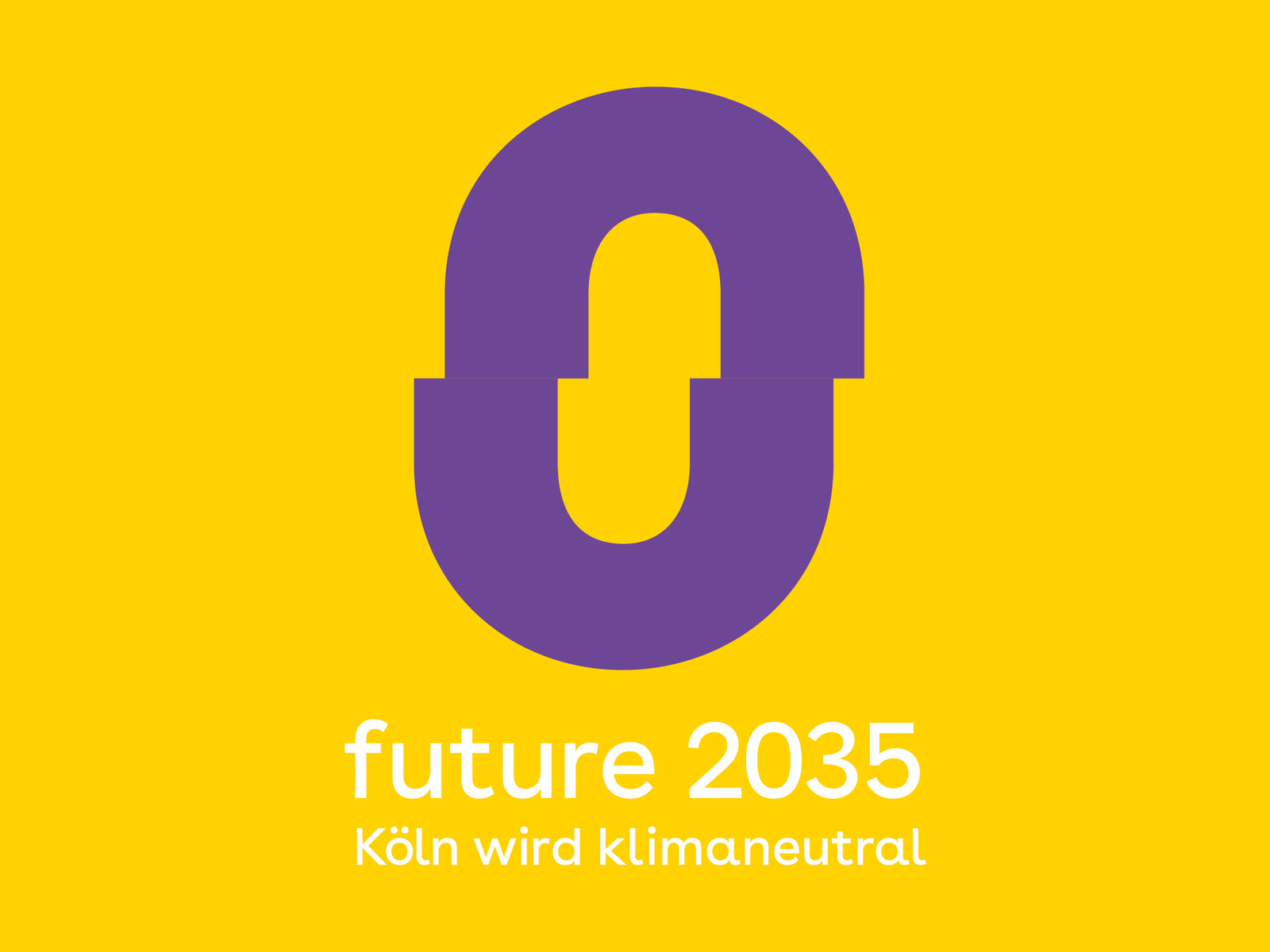 Große violette Null auf gelbem Hintergrund. Darunter weiterer Text "future 2035. Köln wird klimaneutral".