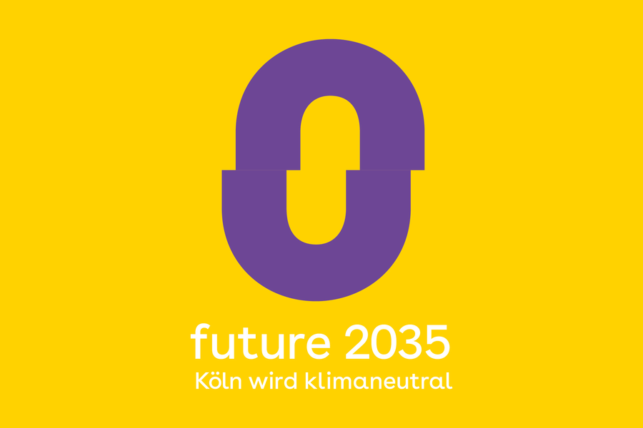 Große violette Null auf gelbem Hintergrund. Darunter weiterer Text "future 2035. Köln wird klimaneutral".